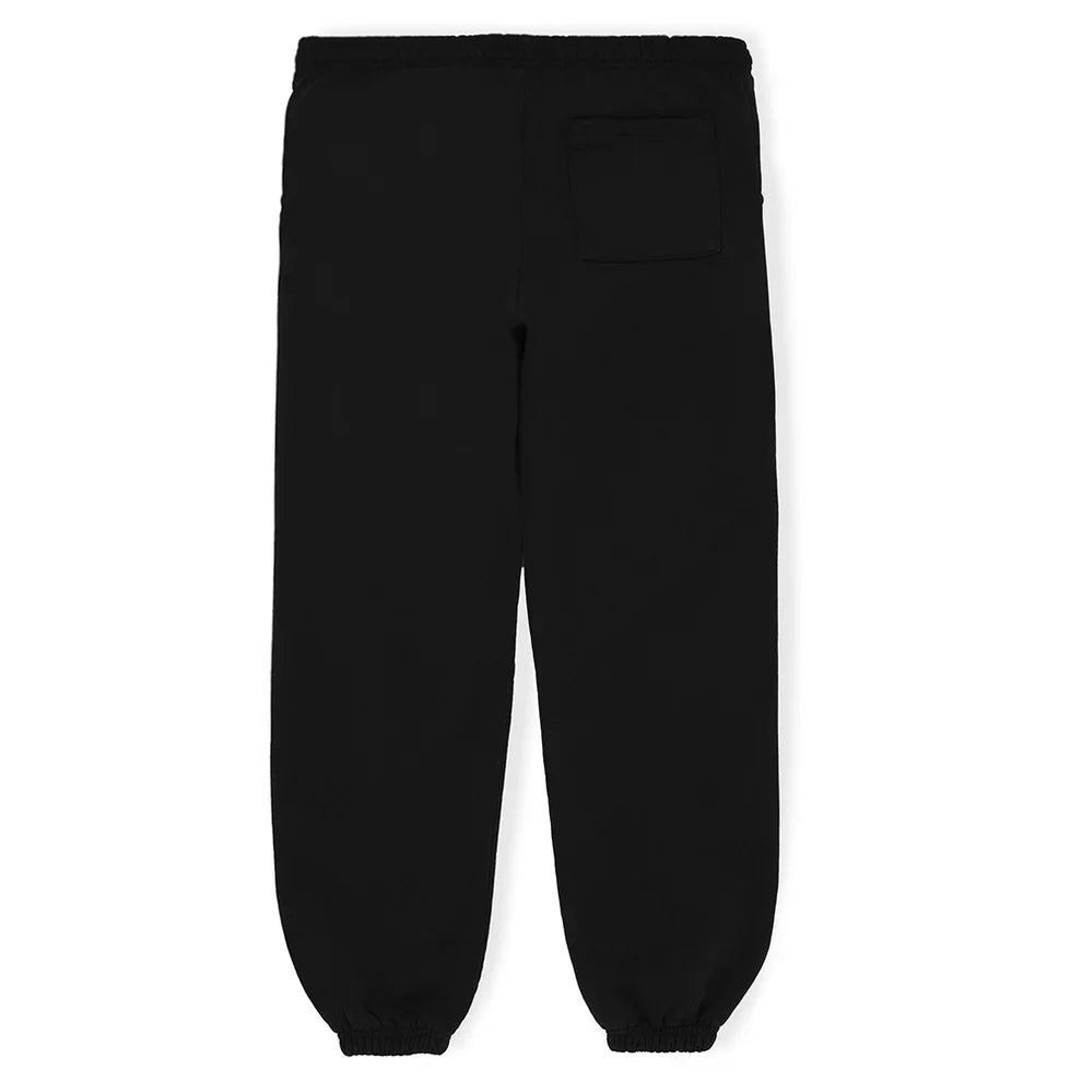 The 100% Cotton Sp5der Sweatpants are unisex black jogger pants with a relaxed fit, “I Love Sp5der” graphic, elastic waistband and cuffs, and a single square back pocket—perfect for streetwear style.