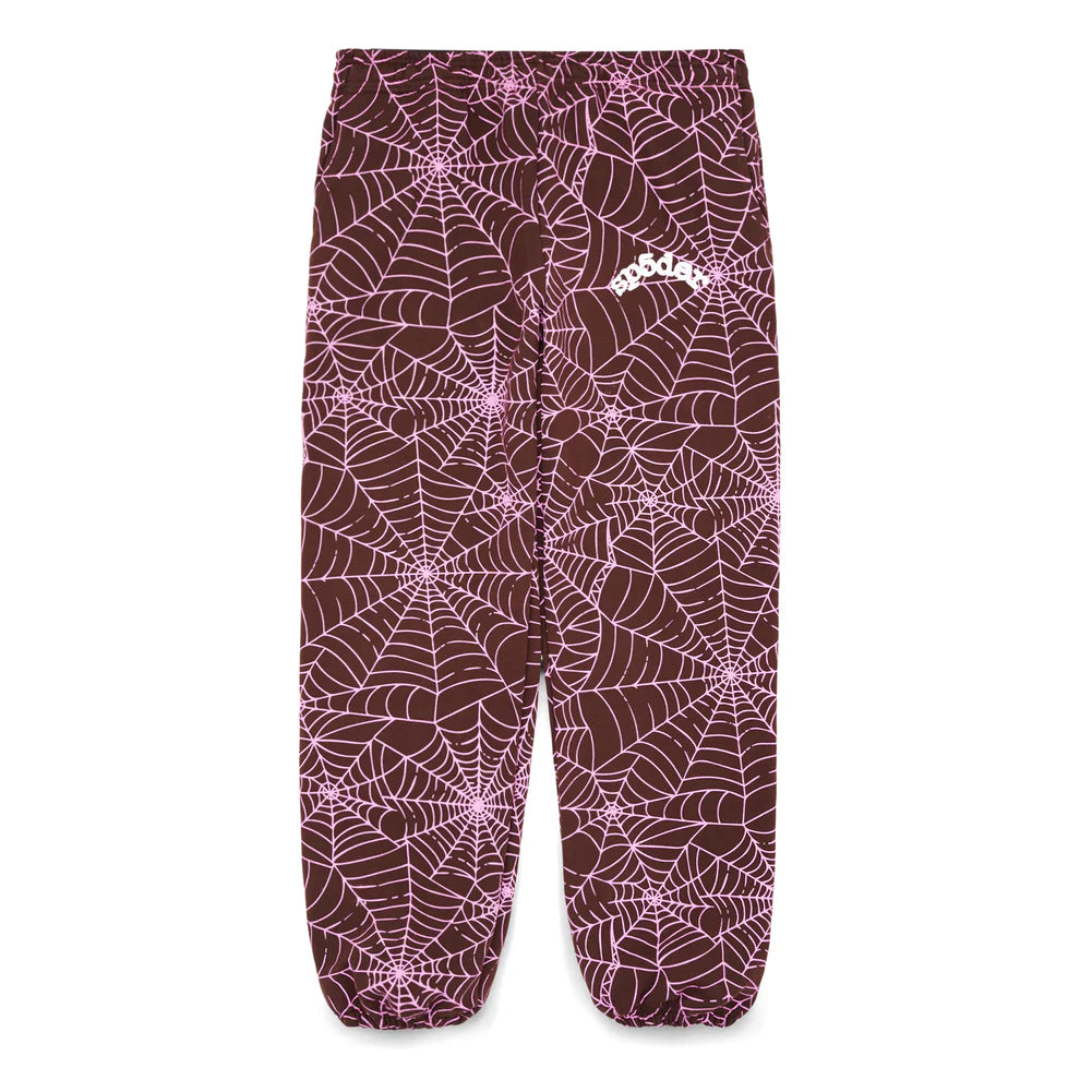 100% Cotton Sp5der Sweatpants – Unisex Brown Jogger Pants with All-Over Spider Web Print, Relaxed Fit