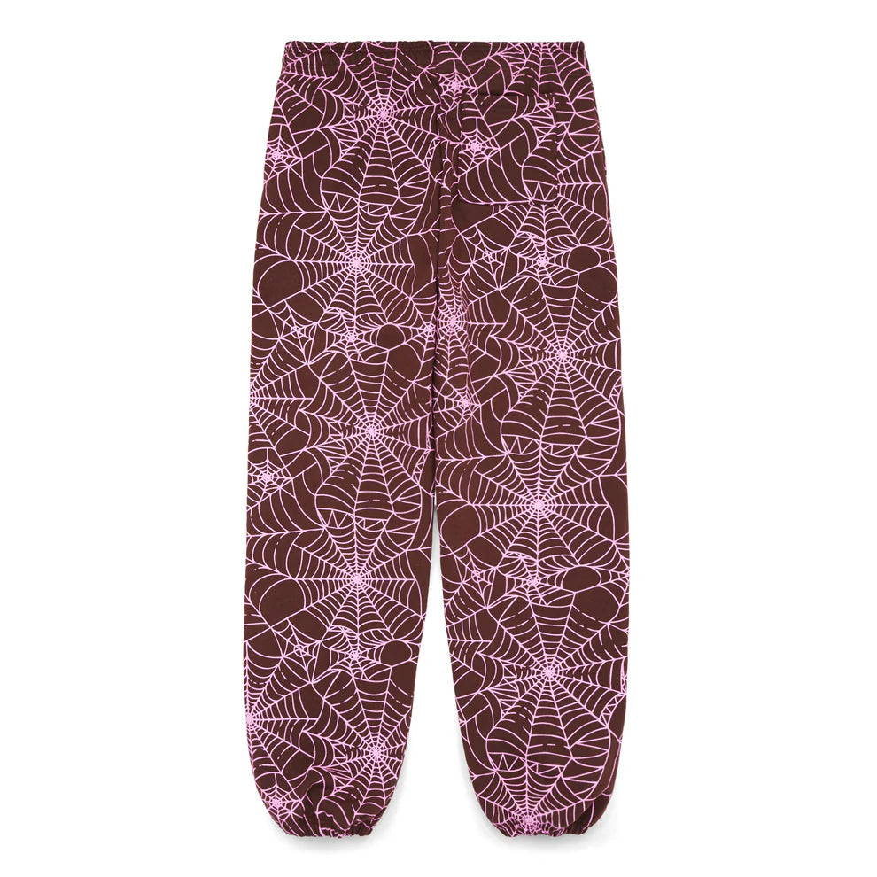 100% Cotton Sp5der Sweatpants – Unisex Brown Jogger Pants with All-Over Spider Web Print, Relaxed Fit