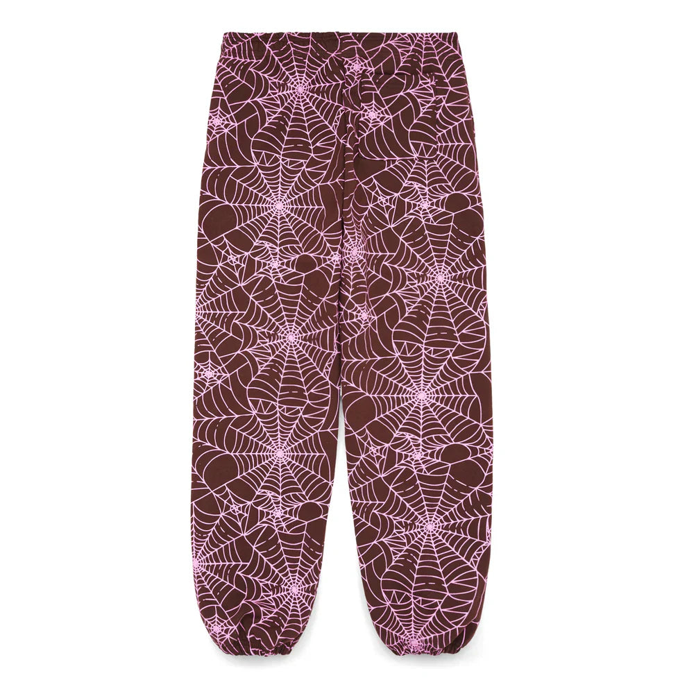 A pair of 100% cotton Sp5der unisex brown jogger pants with relaxed fit and all-over spider web print, featuring elastic cuffs—ideal for streetwear fans.