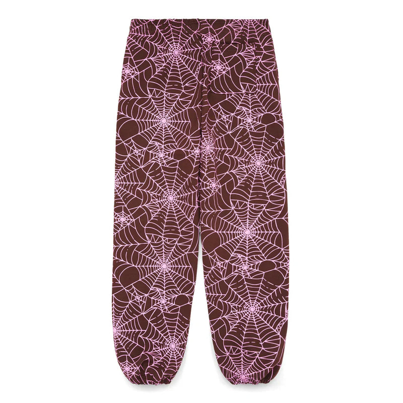 A pair of 100% cotton Sp5der unisex brown jogger pants with relaxed fit and all-over spider web print, featuring elastic cuffs—ideal for streetwear fans.