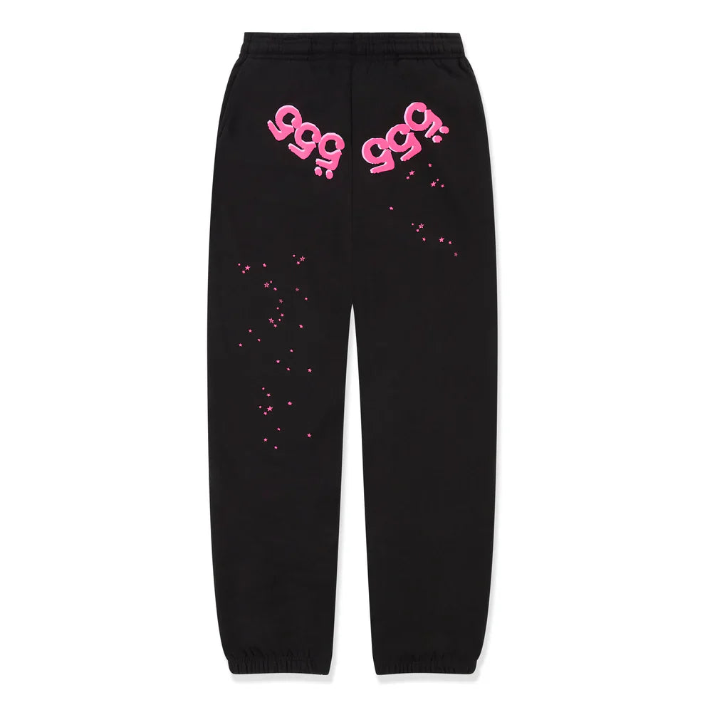 100% Cotton Sp5der Sweatpants—Unisex black jogger pants with a relaxed fit, pink logo graphics, elastic waistband and cuffs; inspired by streetwear style for versatile comfort and bold looks.