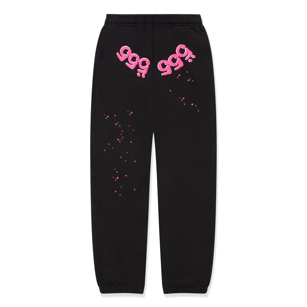 100% Cotton Sp5der Sweatpants – Unisex Black Jogger Pants with Pink Logo Graphics, Relaxed Fit