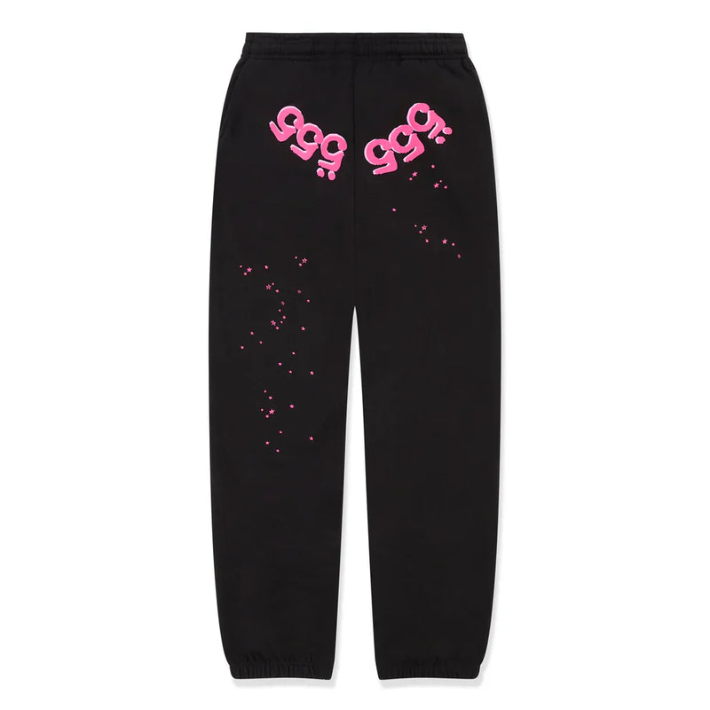 100% Cotton Sp5der Sweatpants—Unisex black jogger pants with a relaxed fit, pink logo graphics, elastic waistband and cuffs; inspired by streetwear style for versatile comfort and bold looks.