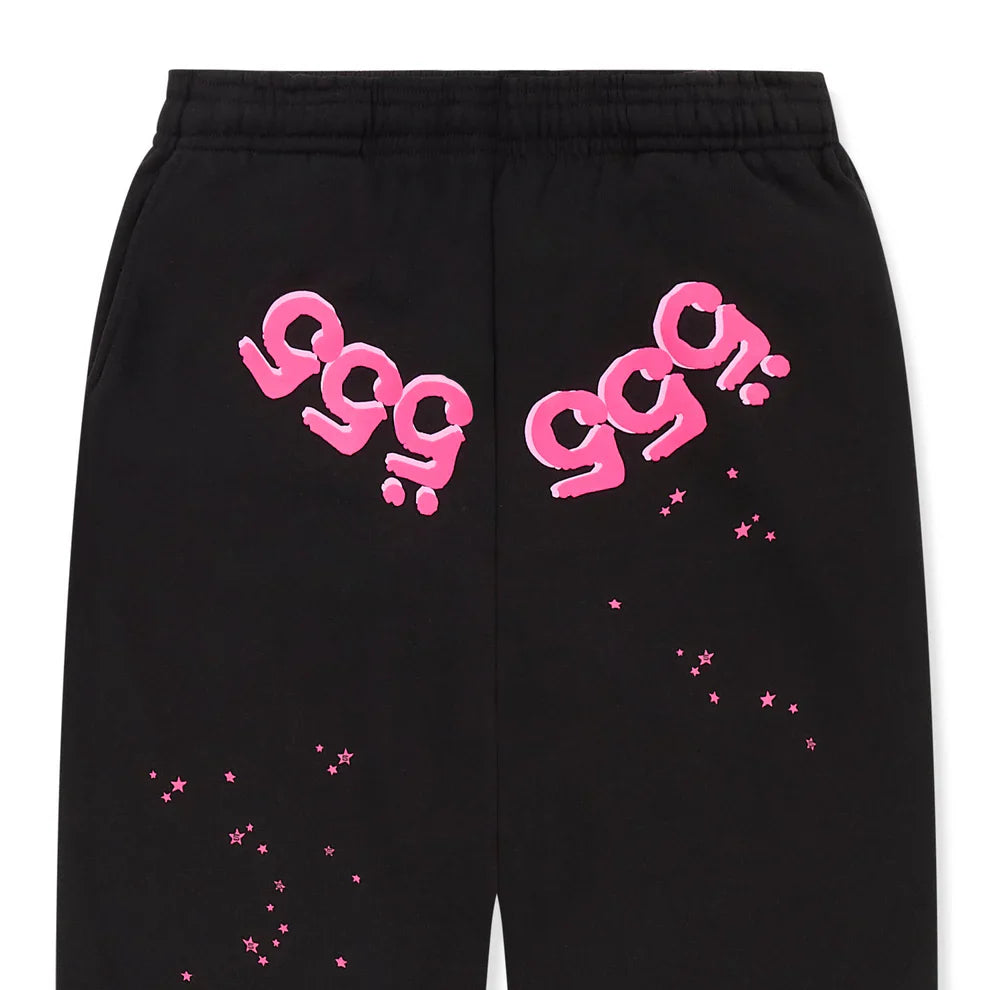 100% Cotton Sp5der Sweatpants—Unisex black jogger pants with a relaxed fit, elastic waistband, side pockets, and bold pink logo graphics—stylish streetwear that's comfortable for all.