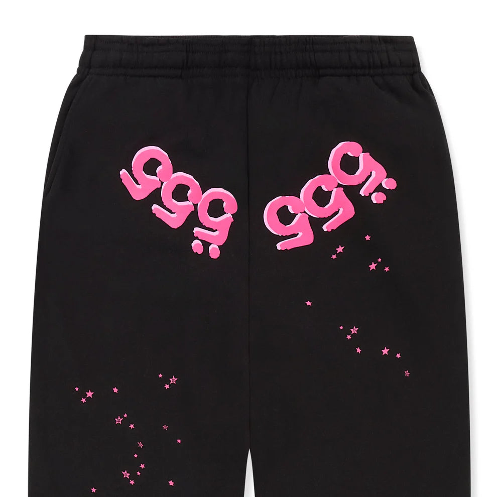 100% Cotton Sp5der Sweatpants – Unisex Black Jogger Pants with Pink Logo Graphics, Relaxed Fit