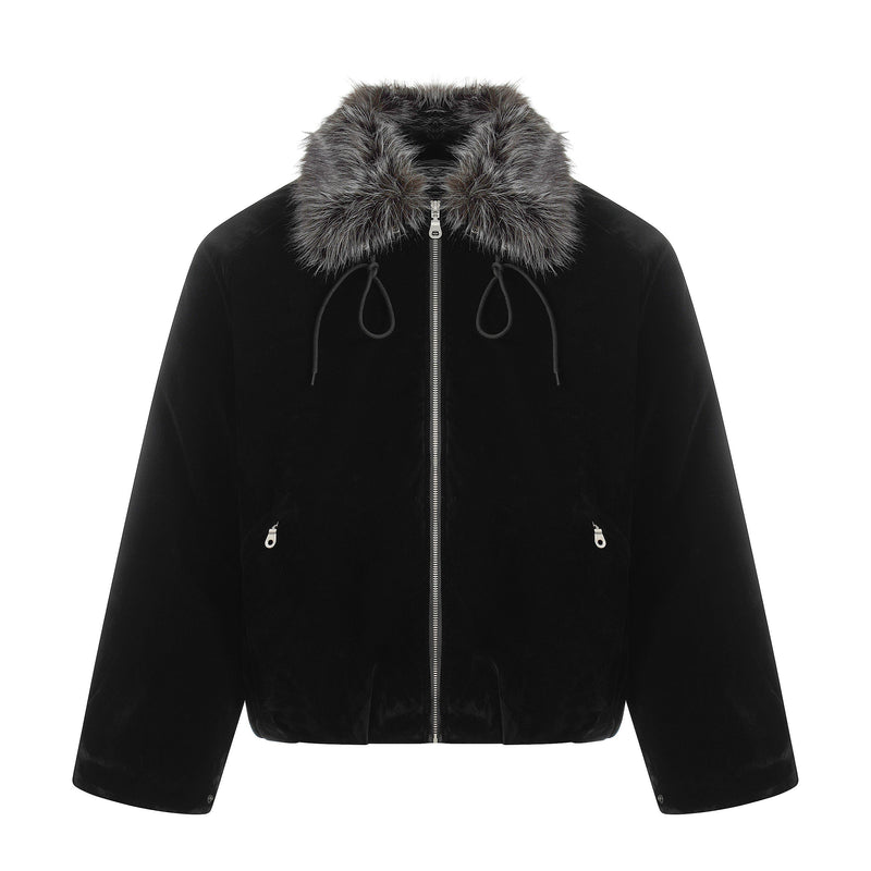 Faux Fur Collar Velvet Bomber Jacket | Cropped Streetwear