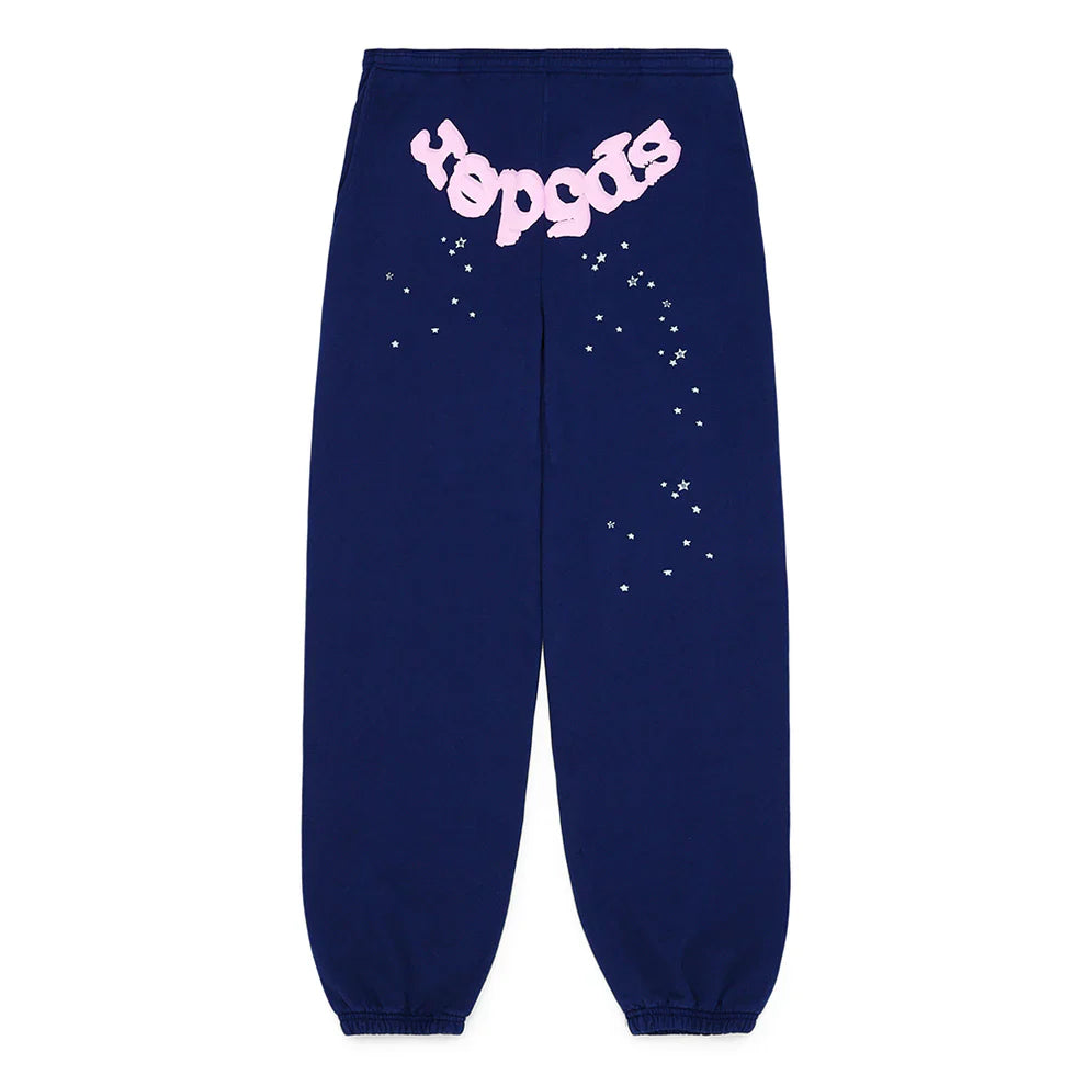 100% Cotton Sp5der Sweatpants – Unisex navy blue joggers with a relaxed fit, featuring a large pink logo across the back and small white star graphics on the upper back, finished with elastic cuffs.