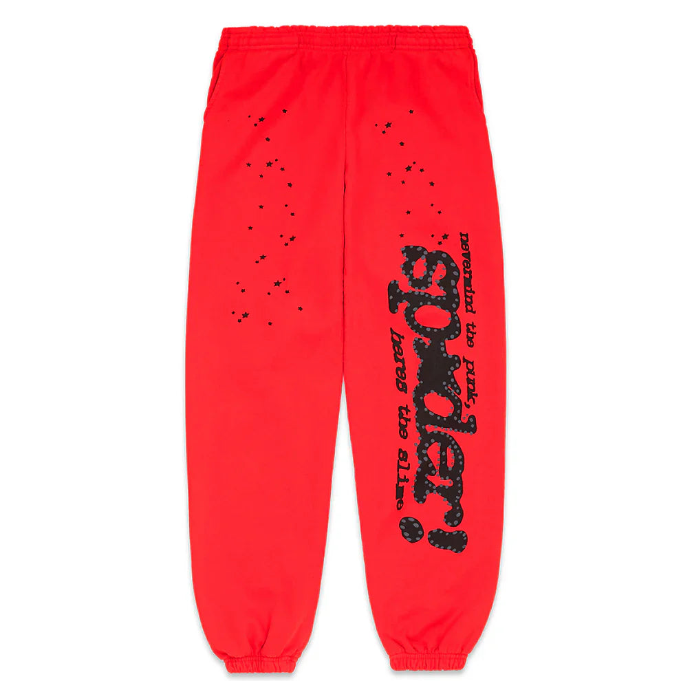100% Cotton Sp5der Sweatpants – Unisex Red Jogger Pants with black logo and star graphics, relaxed fit, elastic waistband, and gathered ankle cuffs. Features black printed text "spider" and "prod by 808" above the left knee.