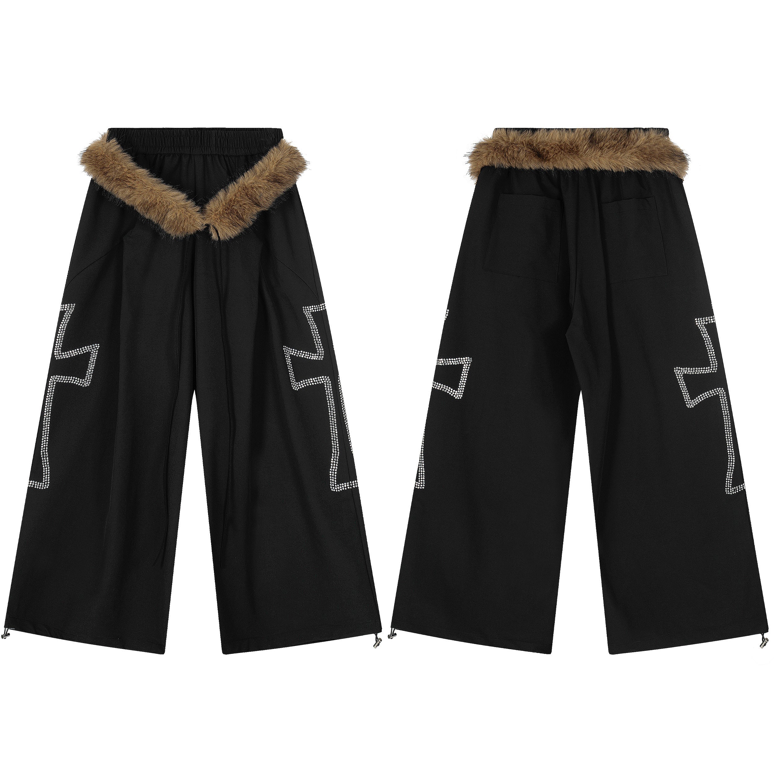 Black wide-leg pants with brown faux-fur V-waistband and rhinestone cross graphics on both legs, front and back view