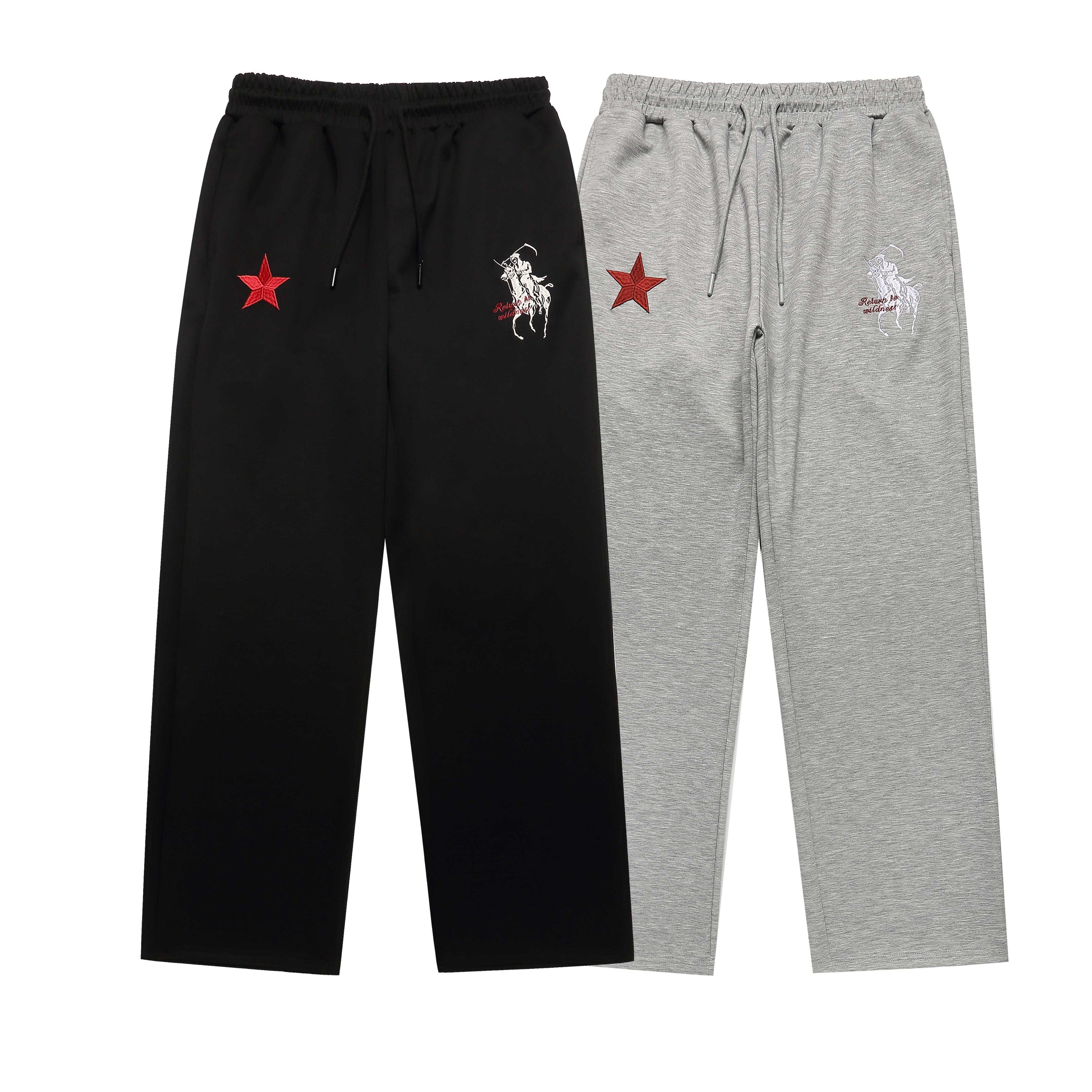 Black and grey wide-leg sweatpants with red star embroidery and polo rider graphic on white background
