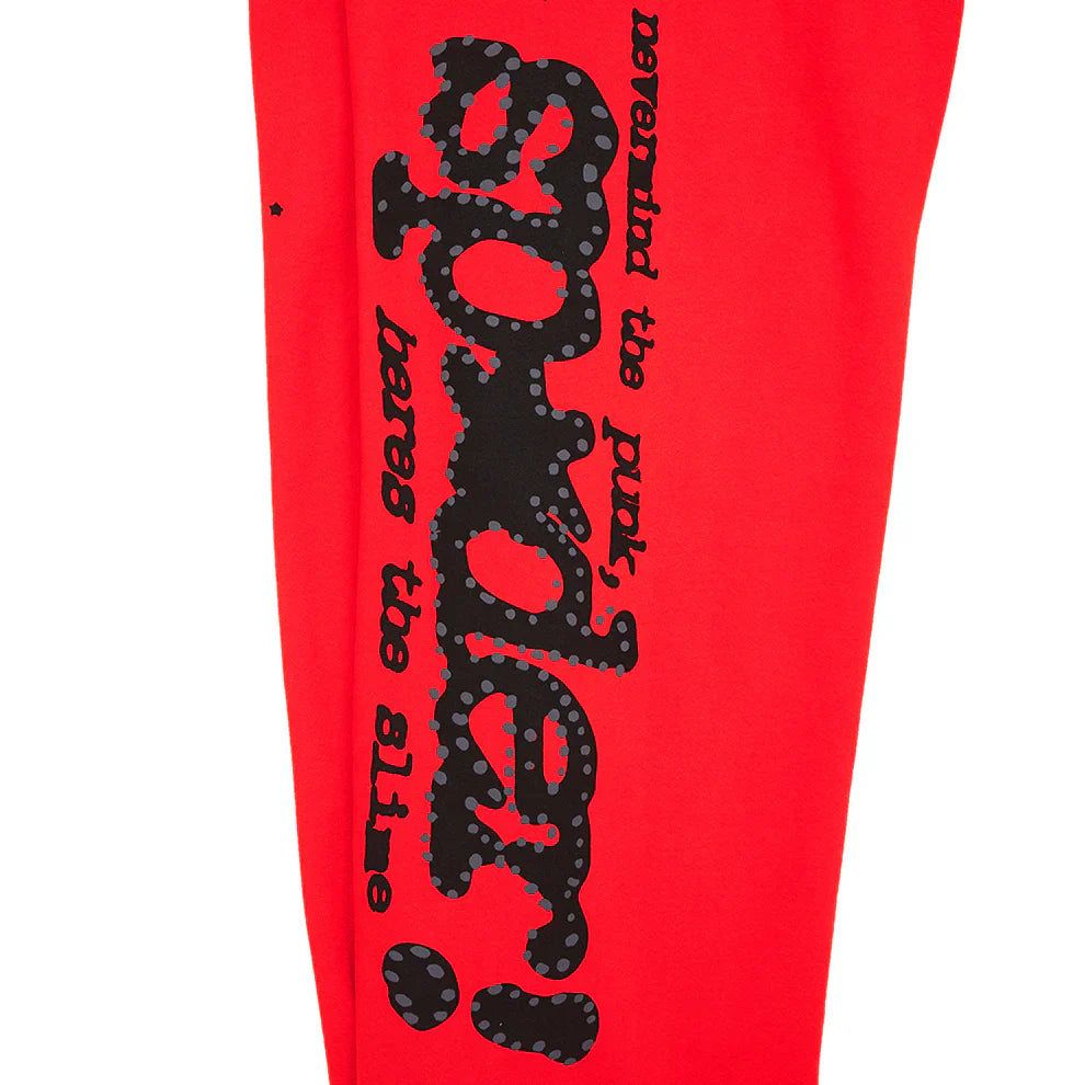 Unisex Sp5der sweatpants in red 100% cotton with bold black logo and star graphics. Relaxed fit jogger pants channel streetwear vibes, inspired by iconic Sp5der style—edgy, comfortable, and perfect for making a statement.