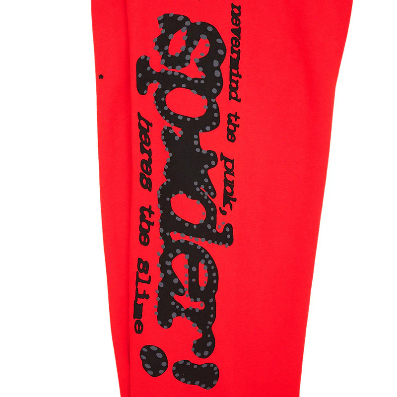 Unisex Sp5der sweatpants in red 100% cotton with bold black logo and star graphics. Relaxed fit jogger pants channel streetwear vibes, inspired by iconic Sp5der style—edgy, comfortable, and perfect for making a statement.