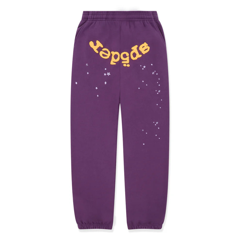 100% Cotton Sp5der Sweatpants – Unisex Purple Jogger Pants with Yellow Logo and Star Graphics, Relaxed Fit