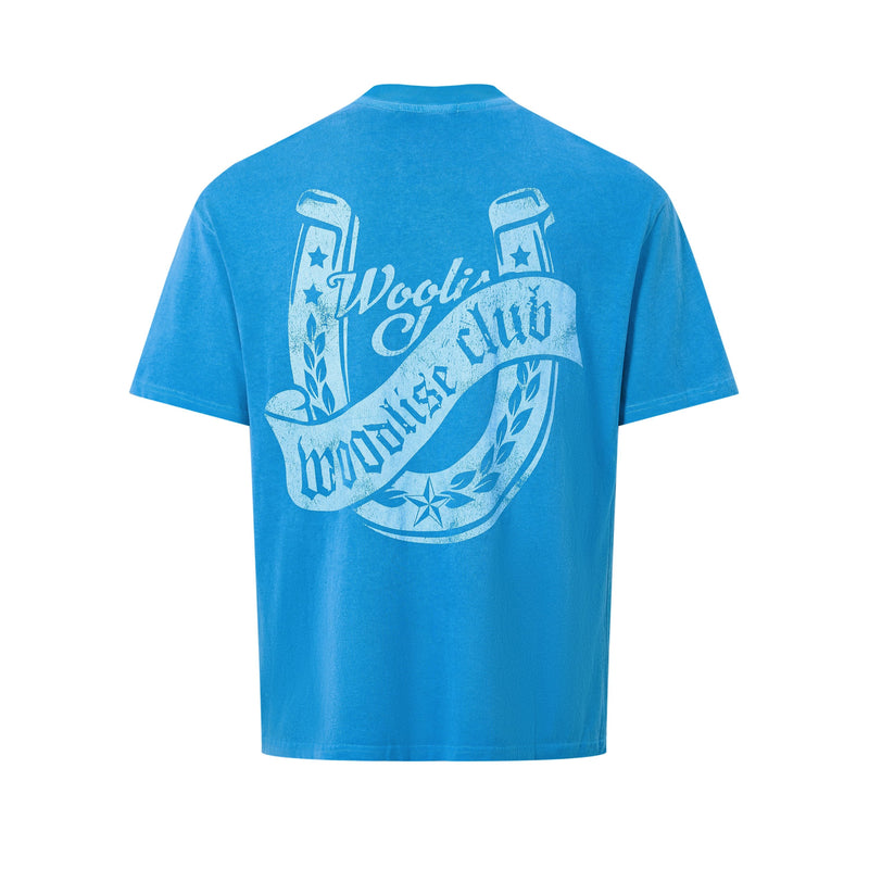 Blue oversized vintage wash T-shirt with a back graphic reading Woods Club in a star and banner design