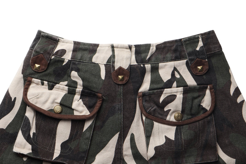 Close-up of the front waistband and flap pockets on camo cargo pants