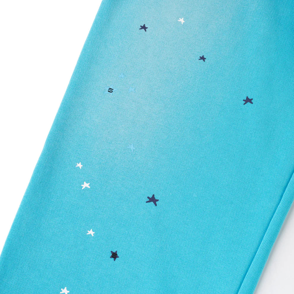 Blue 100% cotton Sp5der Sweatpants feature a relaxed fit, spider web graphic, and star details—perfect unisex jogger pants for streetwear or custom outfits.