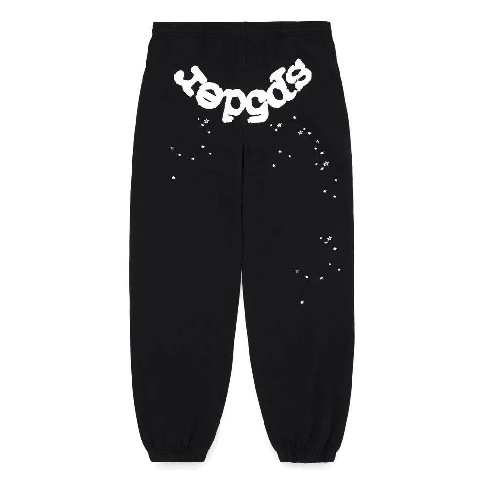 Sp5der Sweatpants – Unisex Black Cotton Sweatpants with Front Logo and Star Print