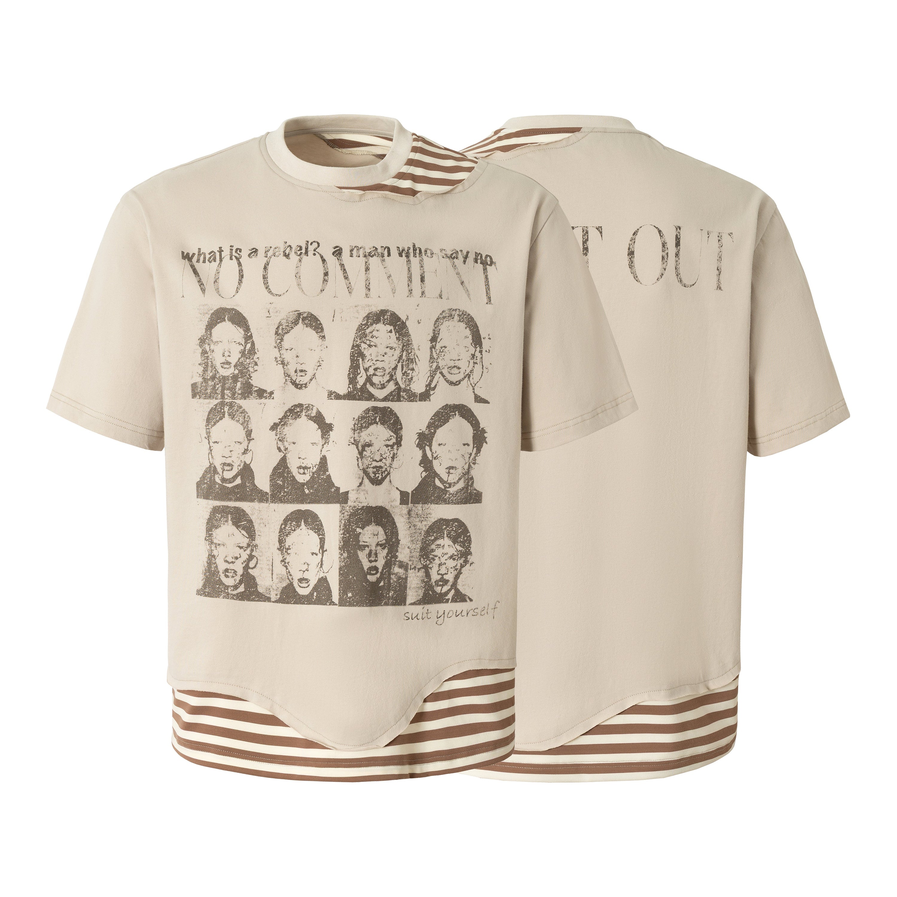 Cream oversized graphic tee with distressed portrait grid print, striped layered hem and collar detail, front and back view