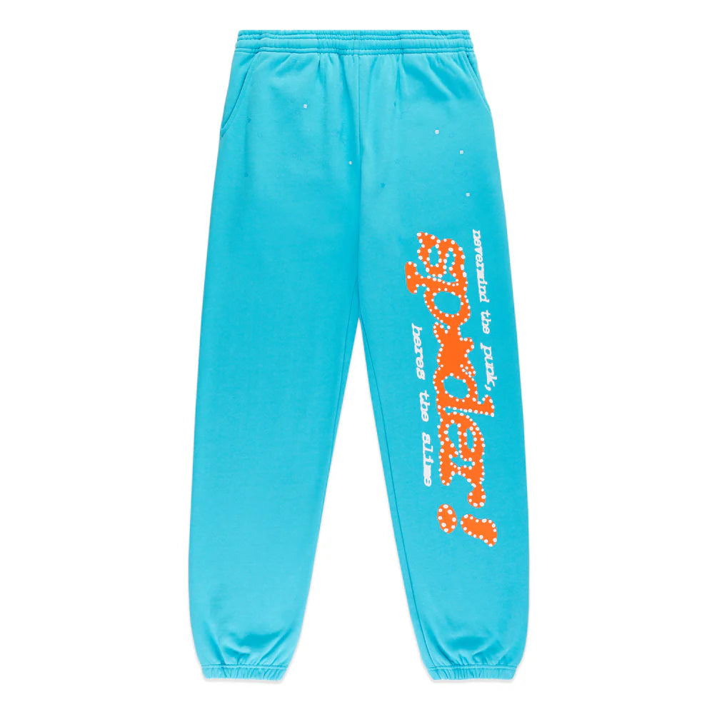 100% Cotton Sp5der Sweatpants – Unisex Teal Jogger Pants with Orange Logo Print and Relaxed Fit