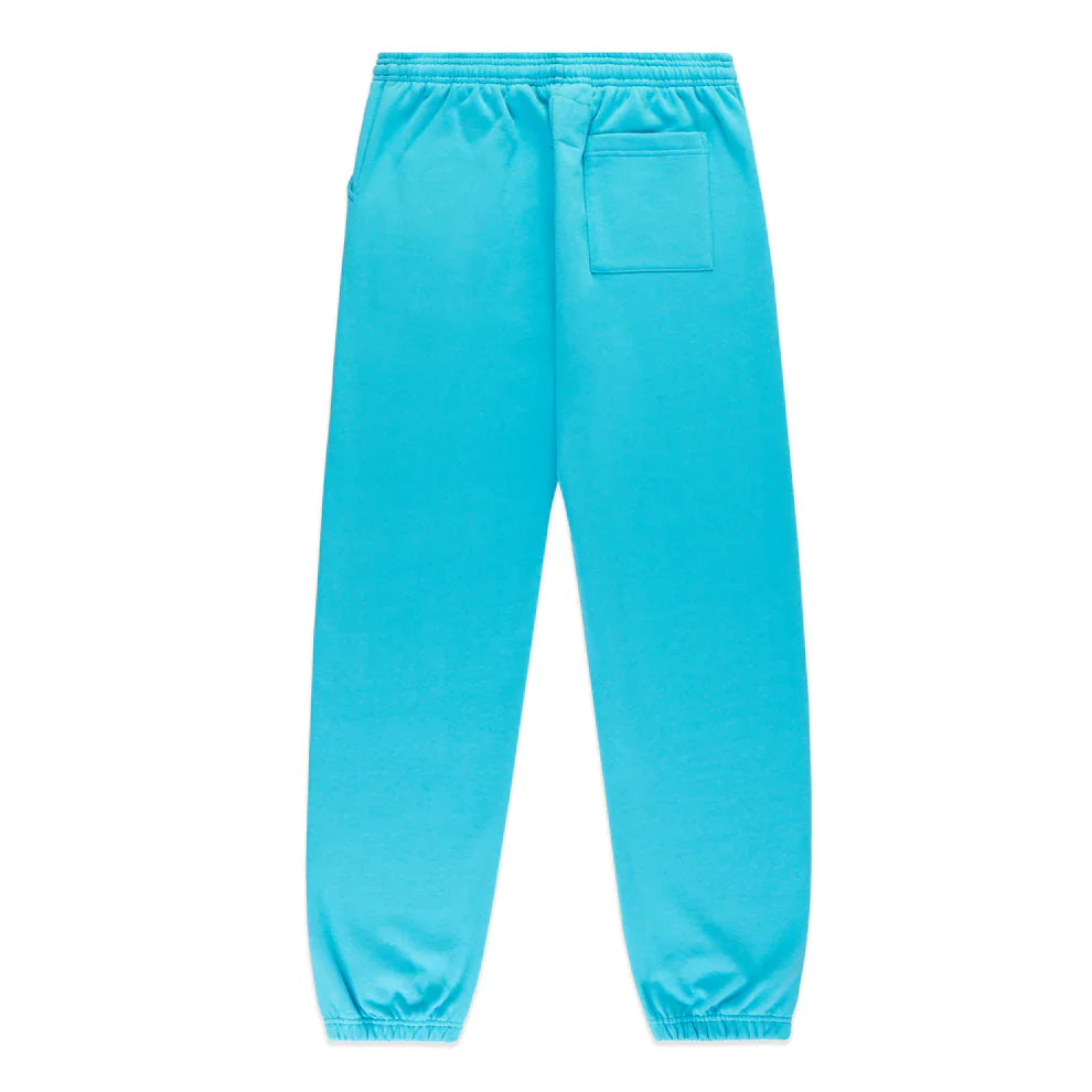 Unisex 100% cotton Sp5der Sweatpants in teal with relaxed fit, elastic waistband, ankle cuffs, a back right patch pocket, and orange logo print. Jogger pants are shown laid flat from the back.