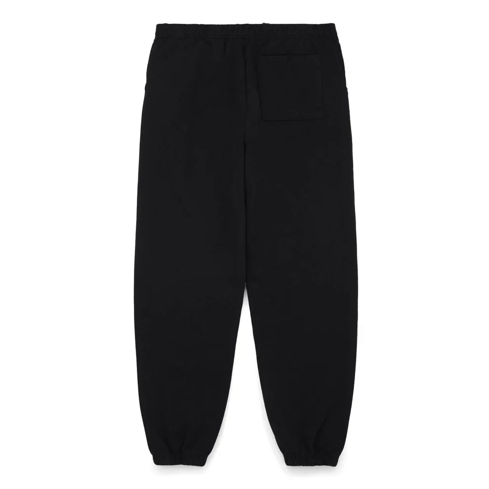 Sp5der Sweatpants—unisex black cotton sweatpants with a front logo and star print, featuring an elastic waistband, single rear pocket, and elastic cuffs; ideal streetwear joggers for everyday comfort.