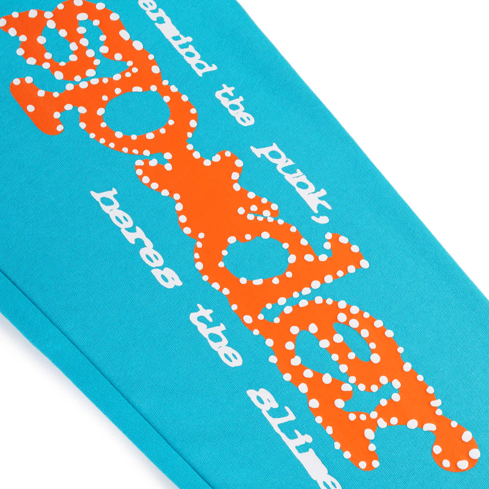 100% Cotton Sp5der Sweatpants – Unisex Teal Jogger Pants with Orange Logo Print and Relaxed Fit