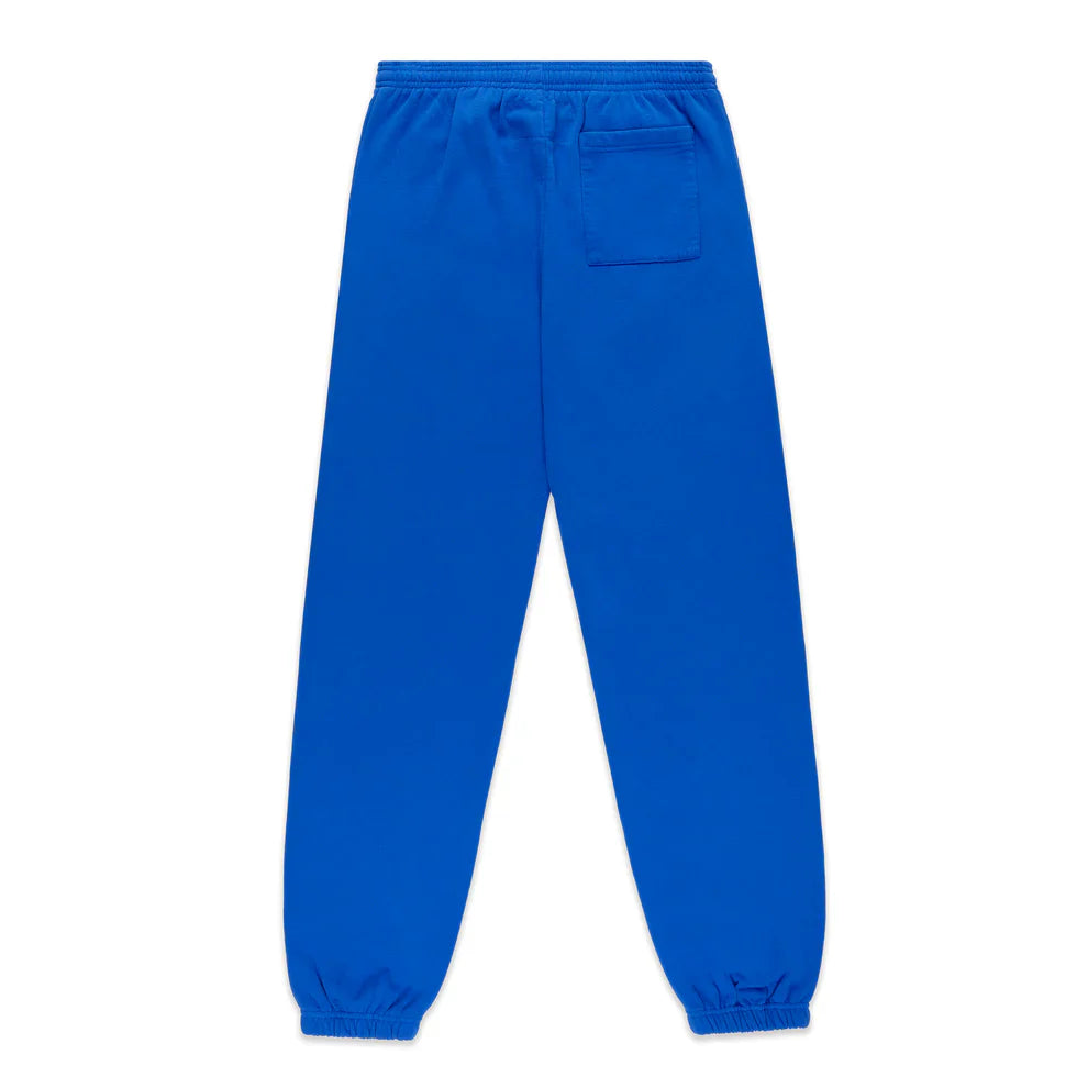 The 100% Cotton Sp5der Sweatpants are unisex blue jogger pants with a pink logo, star accents, elastic waistband and cuffs, relaxed fit, and a single back right pocket, shown on a white background.