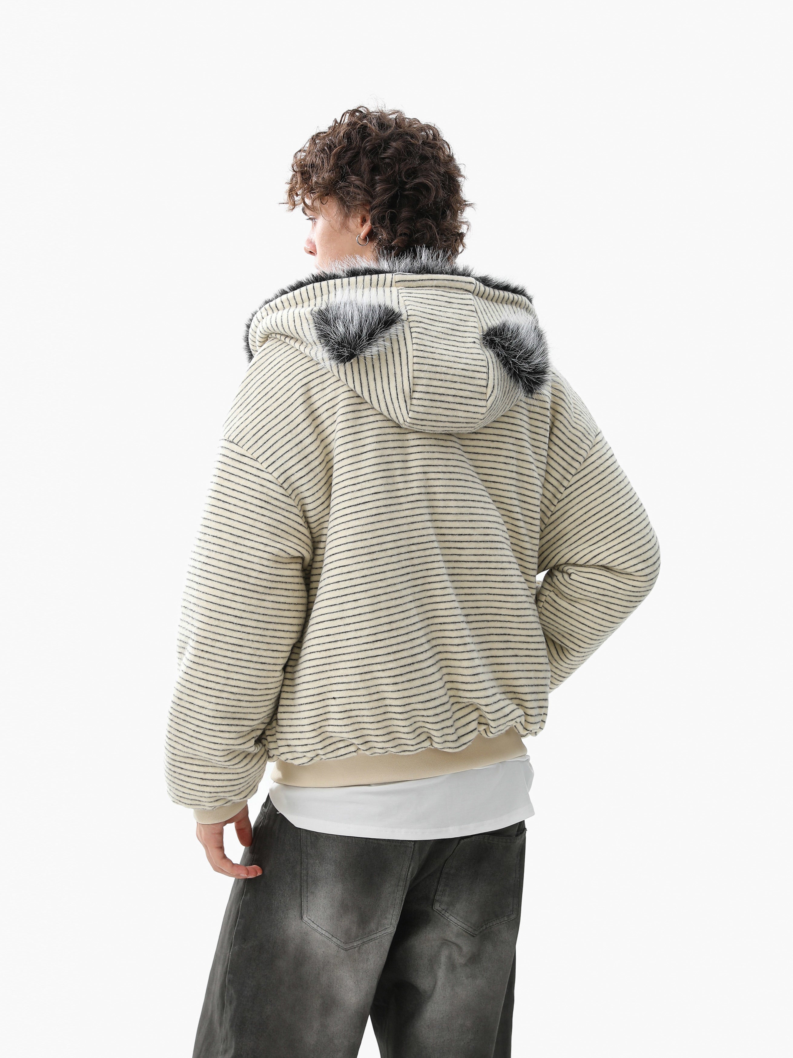 Faux-Fur Lined Striped Zip-Up Hoodie Jacket | SEAKOFF