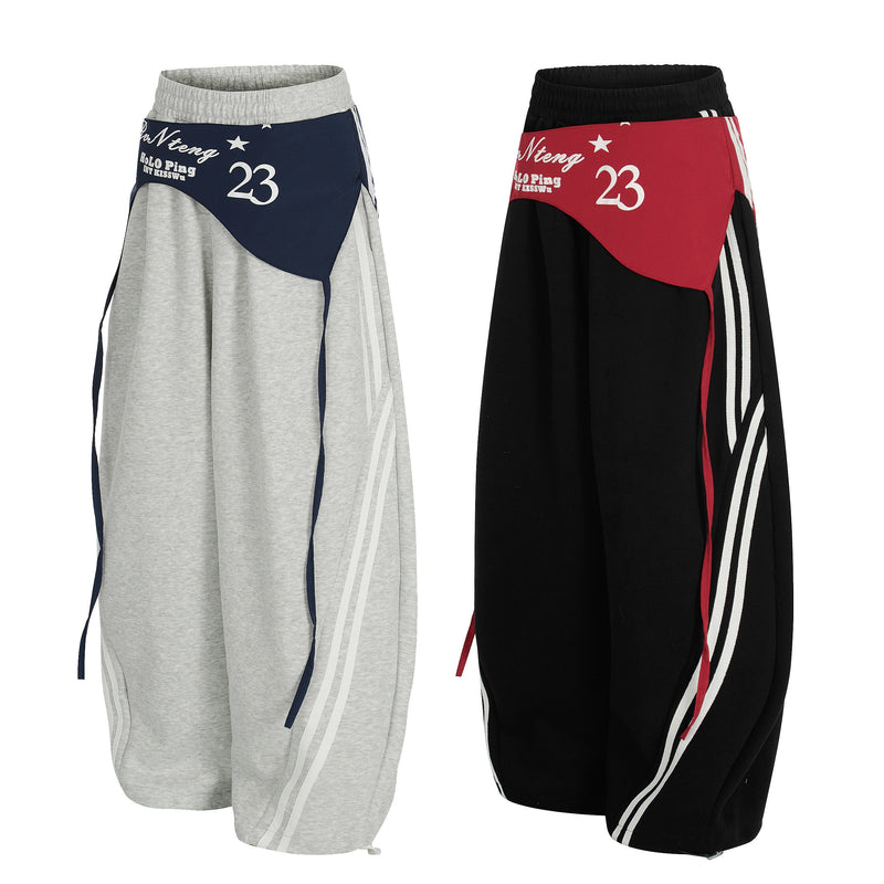 Double-Waist Retro Print Wide-Leg Track Pants | Streetwear