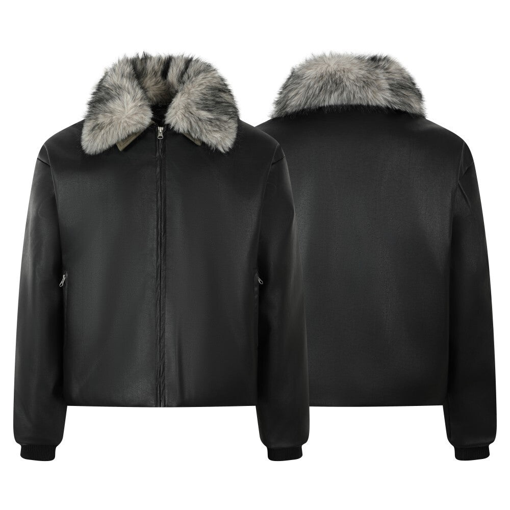Detachable Faux Fur Collar PU Leather Bomber Jacket