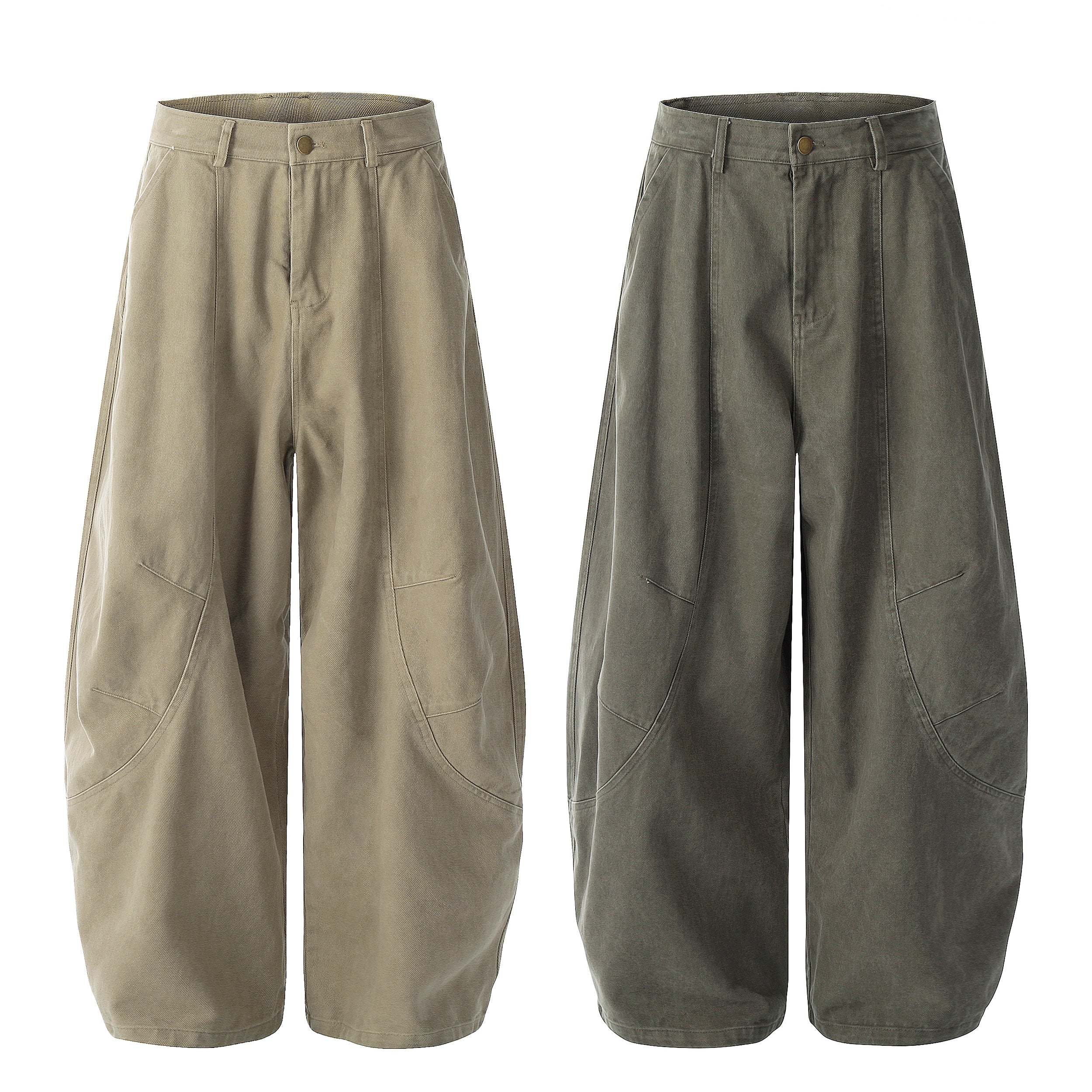 Khaki and olive wide-leg balloon pants with oversized arc patch pockets and faded vintage wash, shown flat on white backgroun