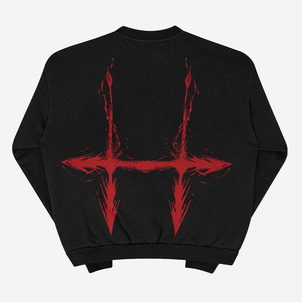 Black Jujutsu Kaisen sweatshirt featuring a smooth fabric and large red cursed energy design resembling symmetrical arrows on the back, perfect for fans of anime streetwear with an edgy aesthetic.