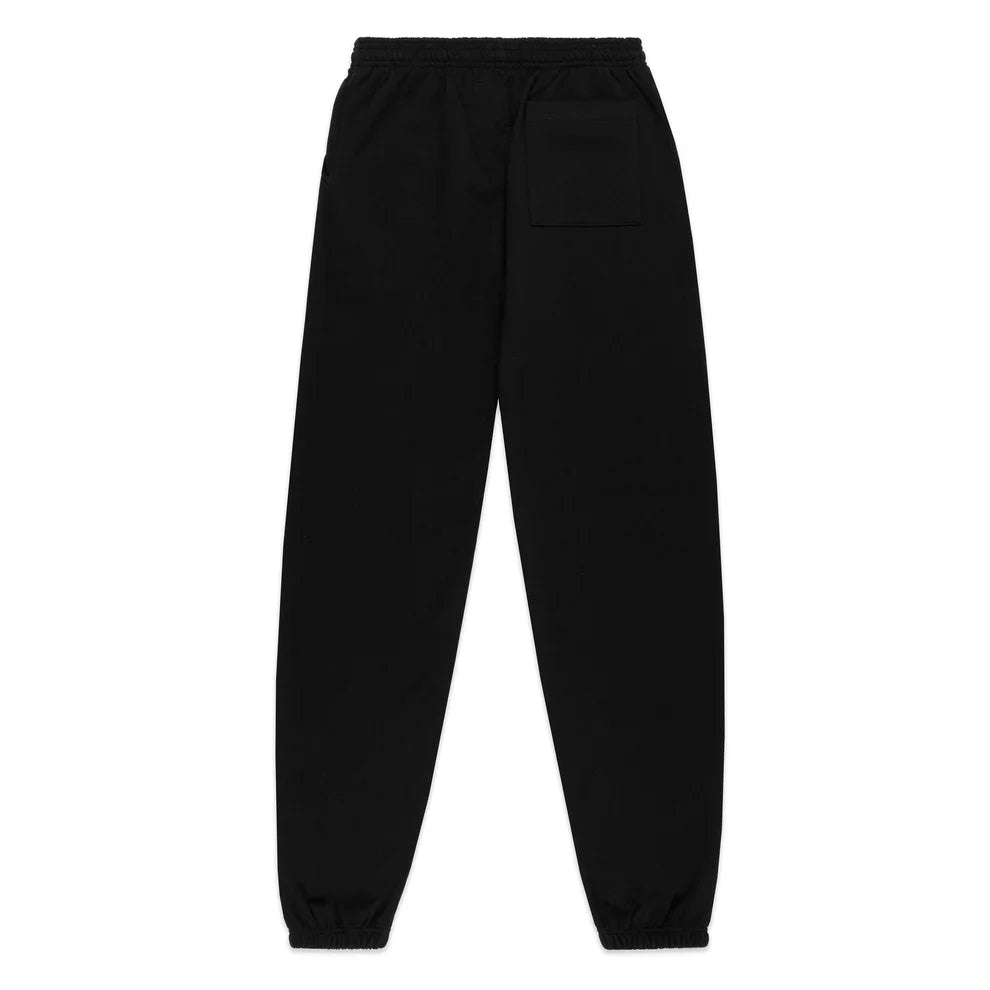The Sp5der Black Tonal Logo Sweatpants are 100% cotton unisex streetwear joggers with an elastic waistband, ankle cuffs, and a single right patch pocket—shown from the back for a stylish street-inspired look.