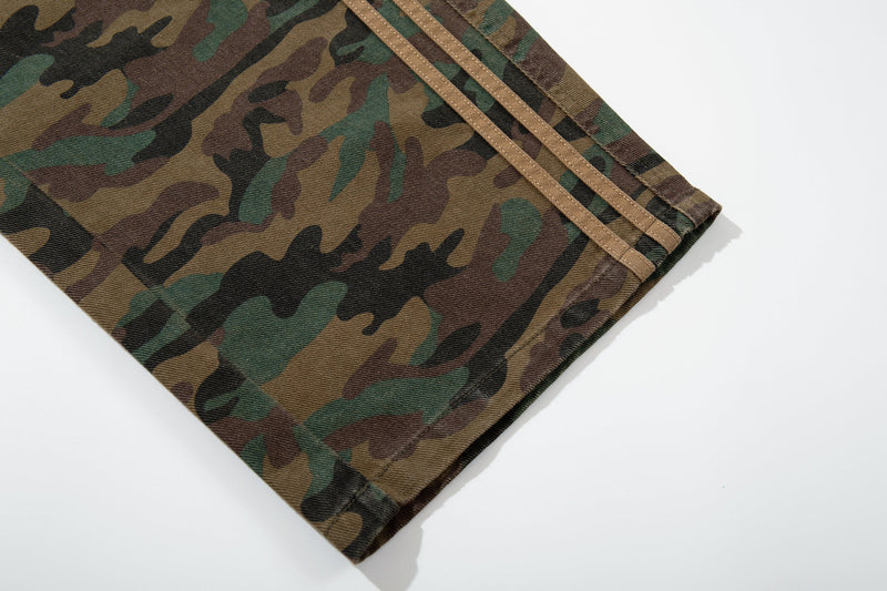 Close-up of pant leg hem with triple side stripes in woodland camo
