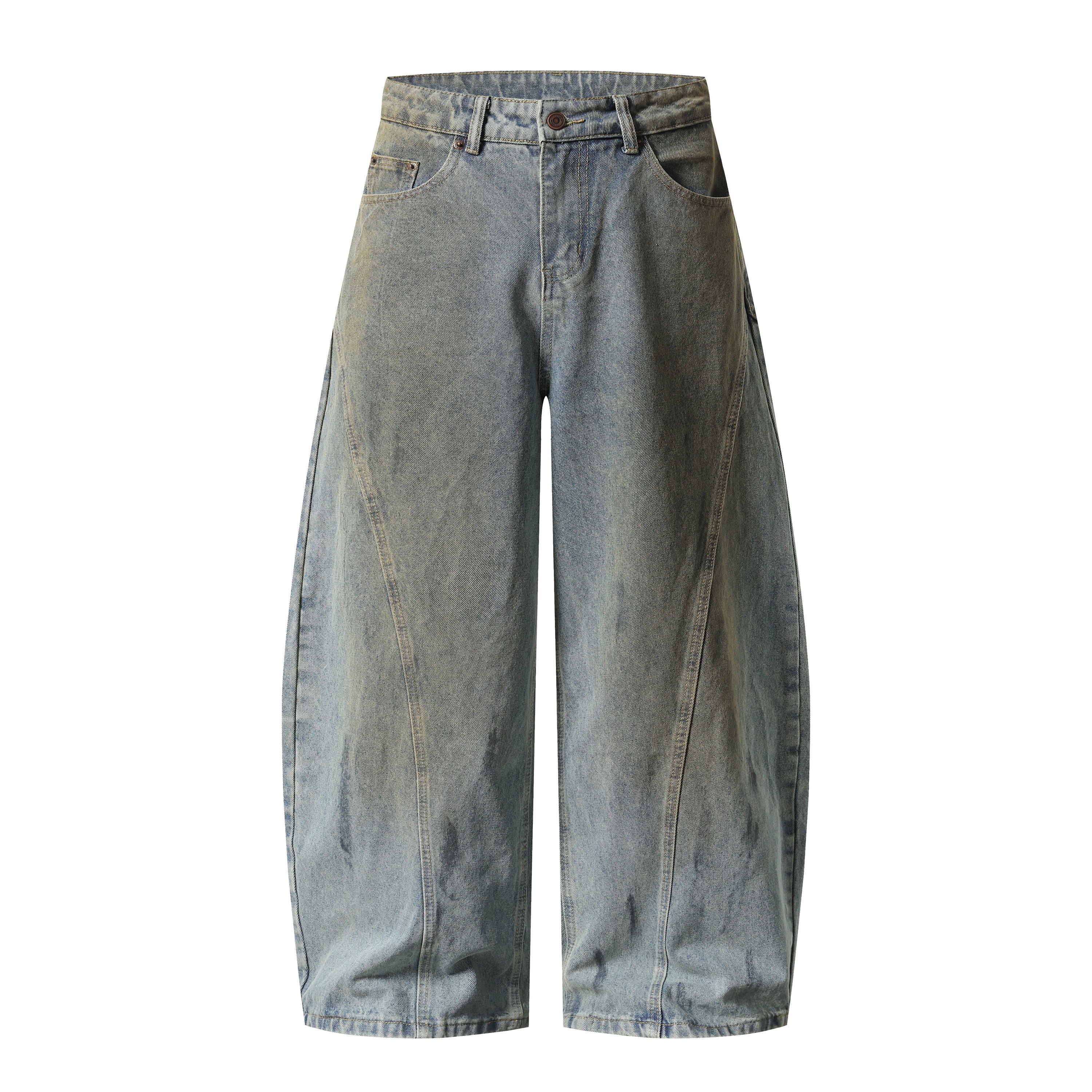 Faded Curved-Panel Wide-Leg Denim Pants | Streetwear Jeans