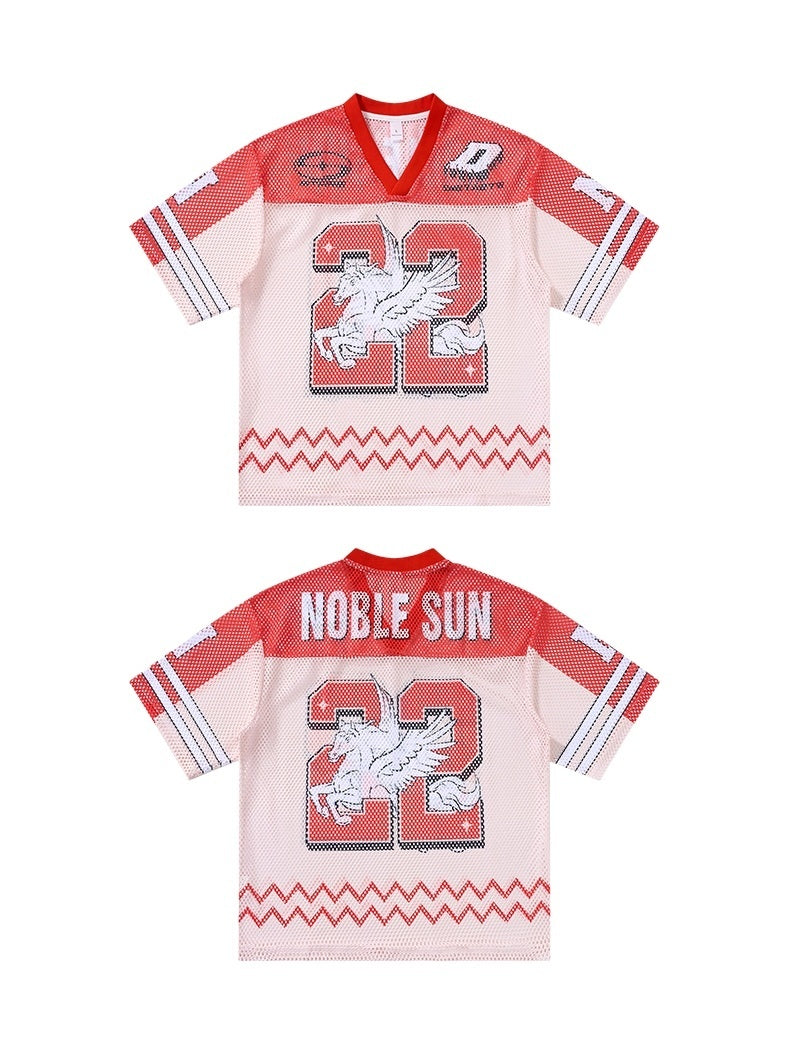 Red and white mesh jersey T-shirt with number 22, Noble Sun lettering, and a graphic eagle design