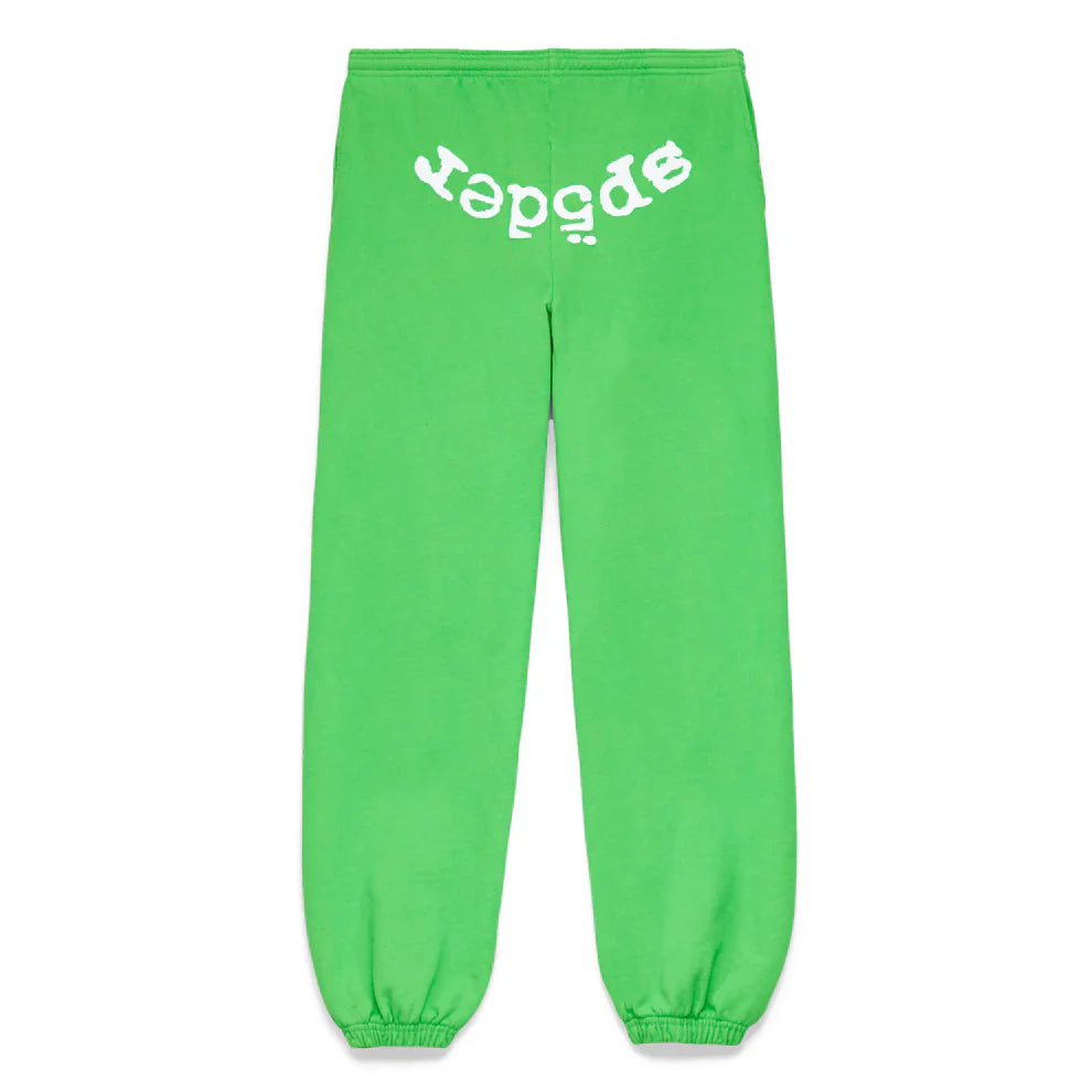 The Sp5der Sweatpants – Unisex Green Cotton Sweatpants with front logo print feature elastic cuffs and waistband, a relaxed fit, and offer standout streetwear style in casual green. White spider text is printed upside down on the back near the waistband.