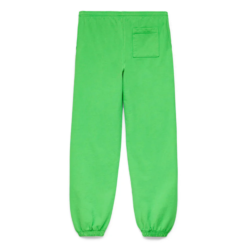 The Sp5der Sweatpants – Unisex Green Cotton Sweatpants with a front logo print are shown from the back, featuring an elastic waistband, right rear pocket, and elastic ankle cuffs for a standout green streetwear look.