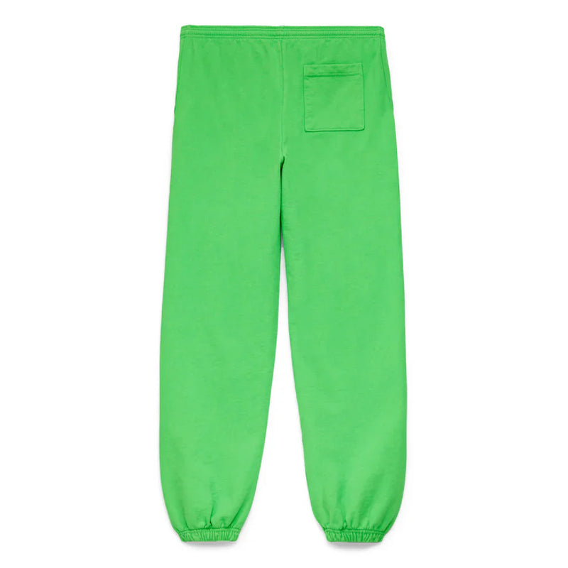 The Sp5der Sweatpants – Unisex Green Cotton Sweatpants with a front logo print are shown from the back, featuring an elastic waistband, right rear pocket, and elastic ankle cuffs for a standout green streetwear look.