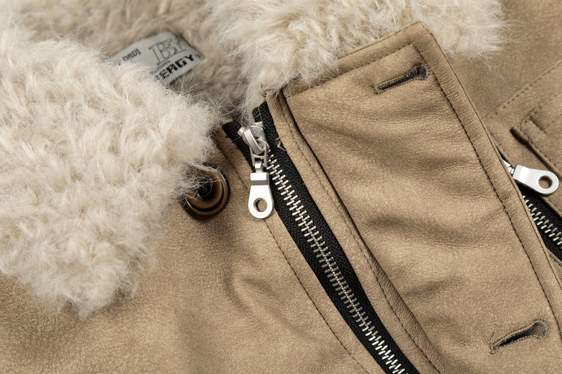 Faux Shearling Collar PU Jacket | Vintage Workwear Style