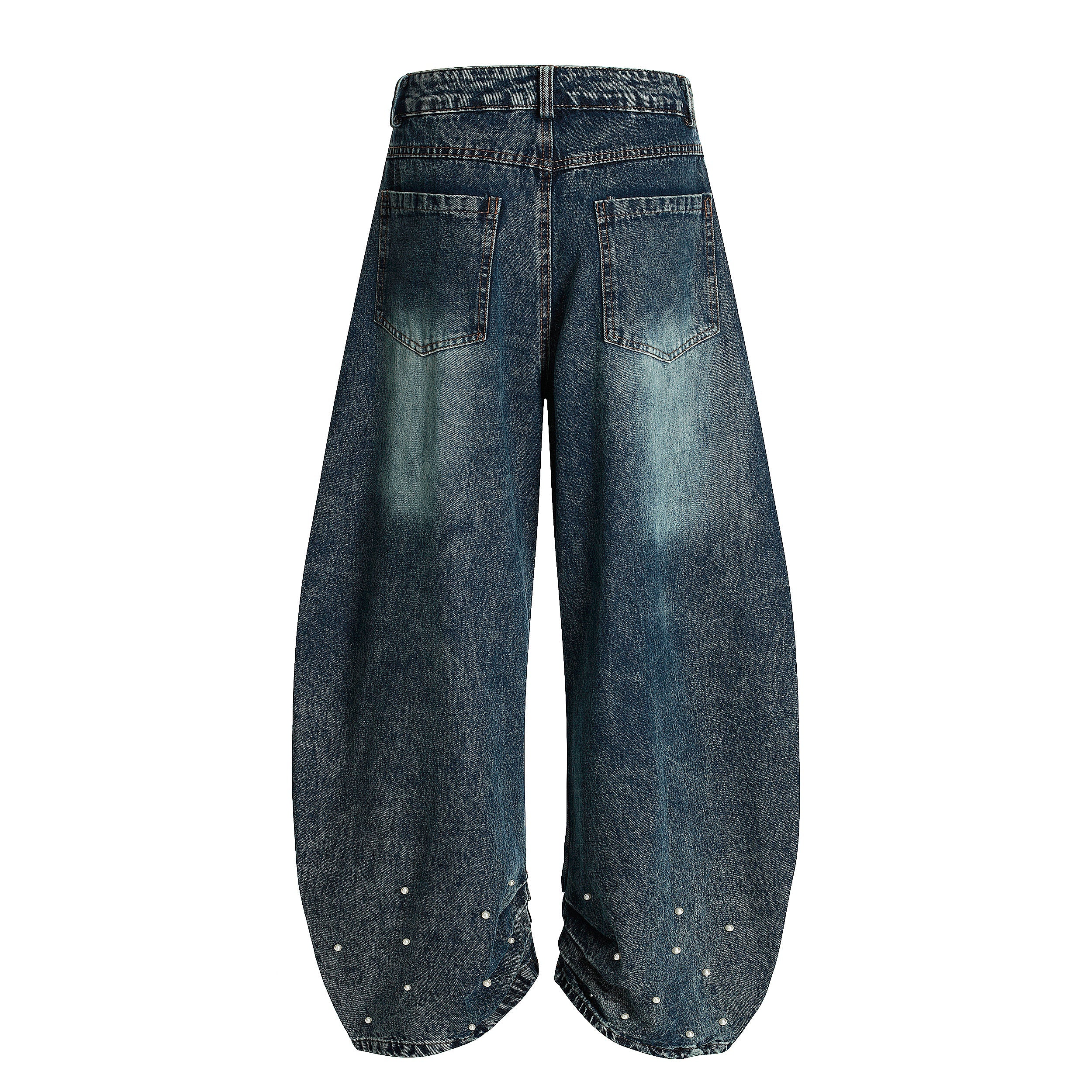 Pearl-Stud Barrel Jeans | Vintage Wash Wide-Leg Denim