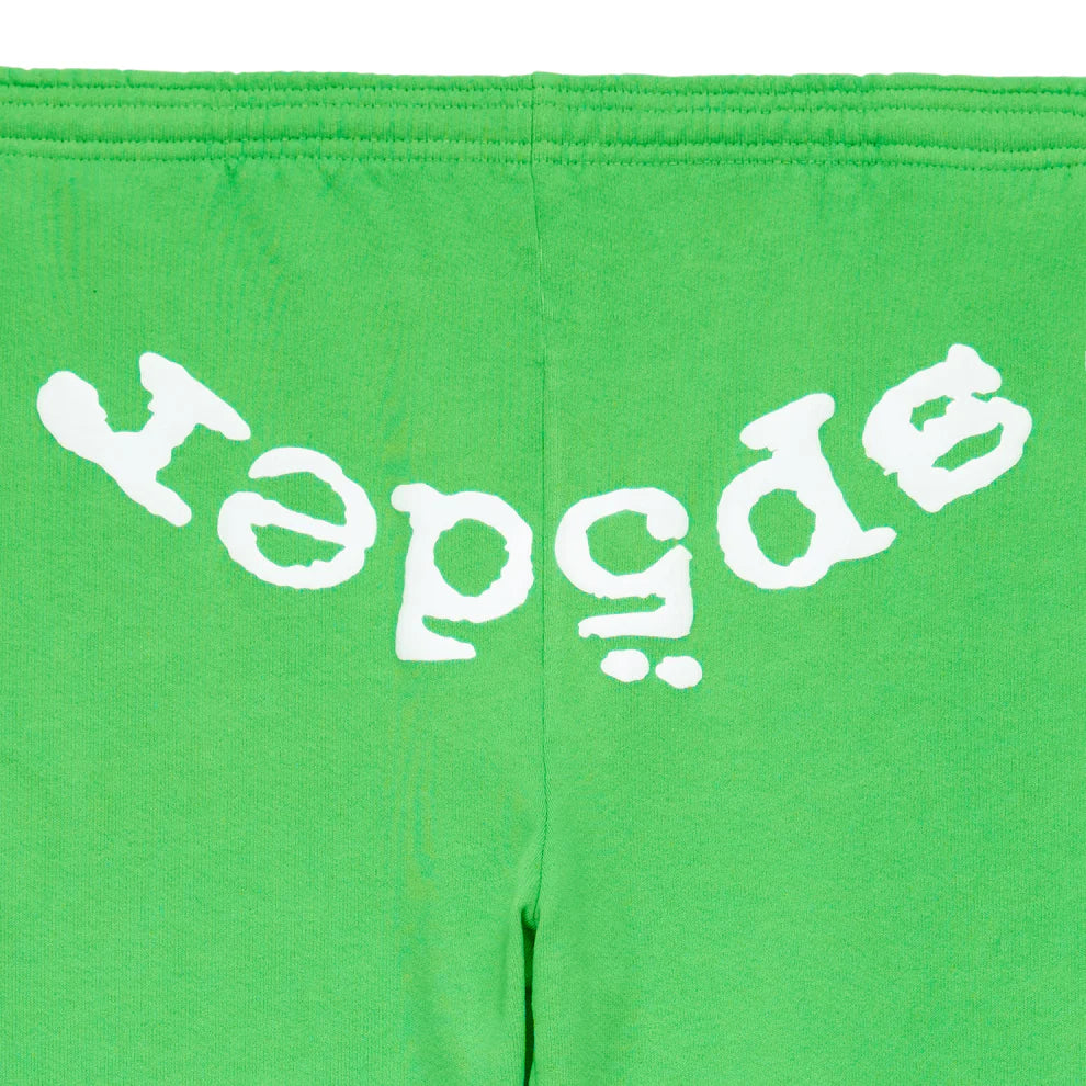 Bright green streetwear fabric with "depressed" printed upside down in bold, white playful letters on the back—pairs perfectly with Sp5der Sweatpants: Unisex Green Cotton Sweatpants featuring a front logo print.
