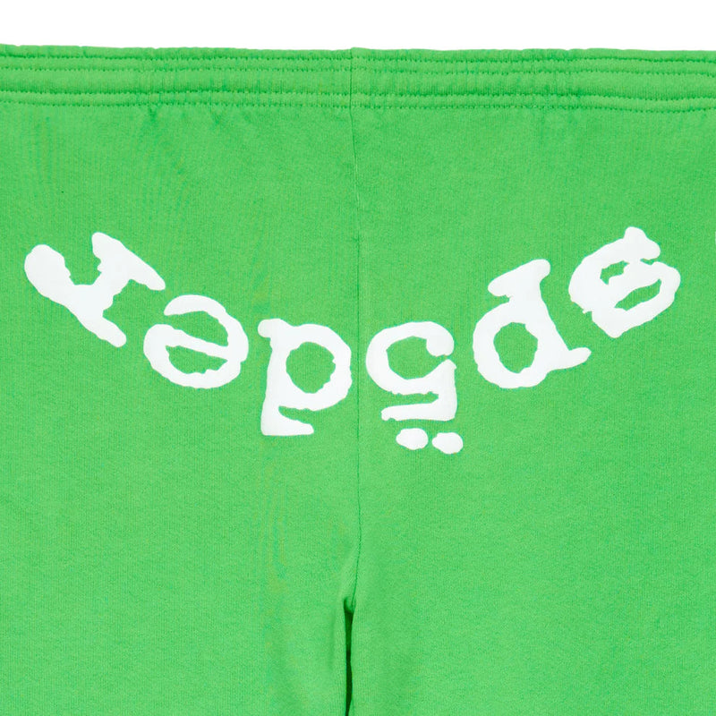 Bright green streetwear fabric with "depressed" printed upside down in bold, white playful letters on the back—pairs perfectly with Sp5der Sweatpants: Unisex Green Cotton Sweatpants featuring a front logo print.