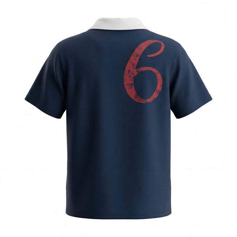 Navy polo tee with white collar and large distressed red number 6 graphic on the back