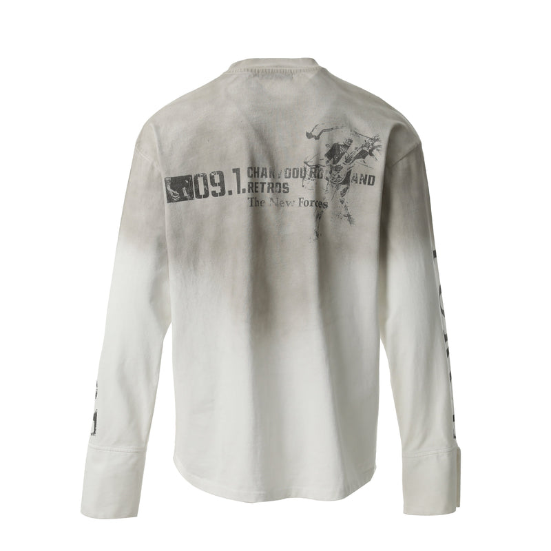 Cream long-sleeve tee back view with faded 09.1 text graphic and distressed print