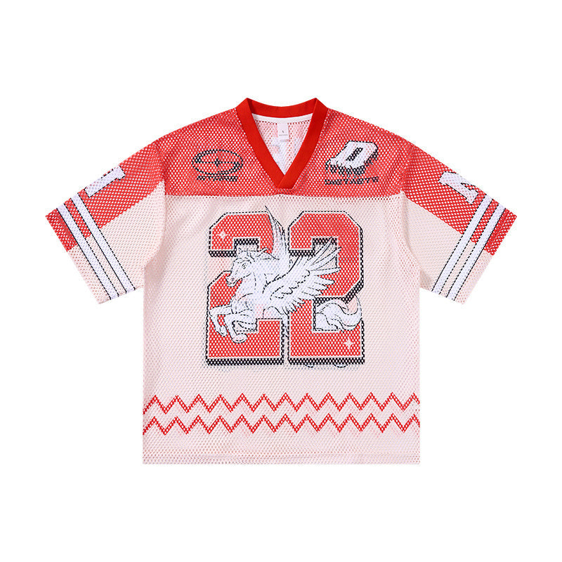 Omirad Noble Sun 22 red and white mesh jersey t-shirt with Pegasus graphic and number 22 on the front