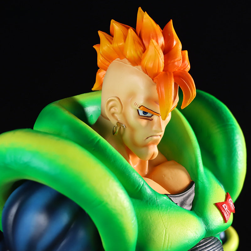 The Seakoff Android 16 Collectible Figure from Dragon Ball Z showcases a high-detail design, featuring bright orange spiky hair, a stern expression, and a green and black outfit. The look is completed with earrings, a prominent shoulder design, and an &quot;R&quot; emblem on the armor. Measures 41cm.