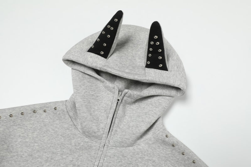 Omirad Devil Horn Studded High-Neck Zip Hoodie | Oversized Fit