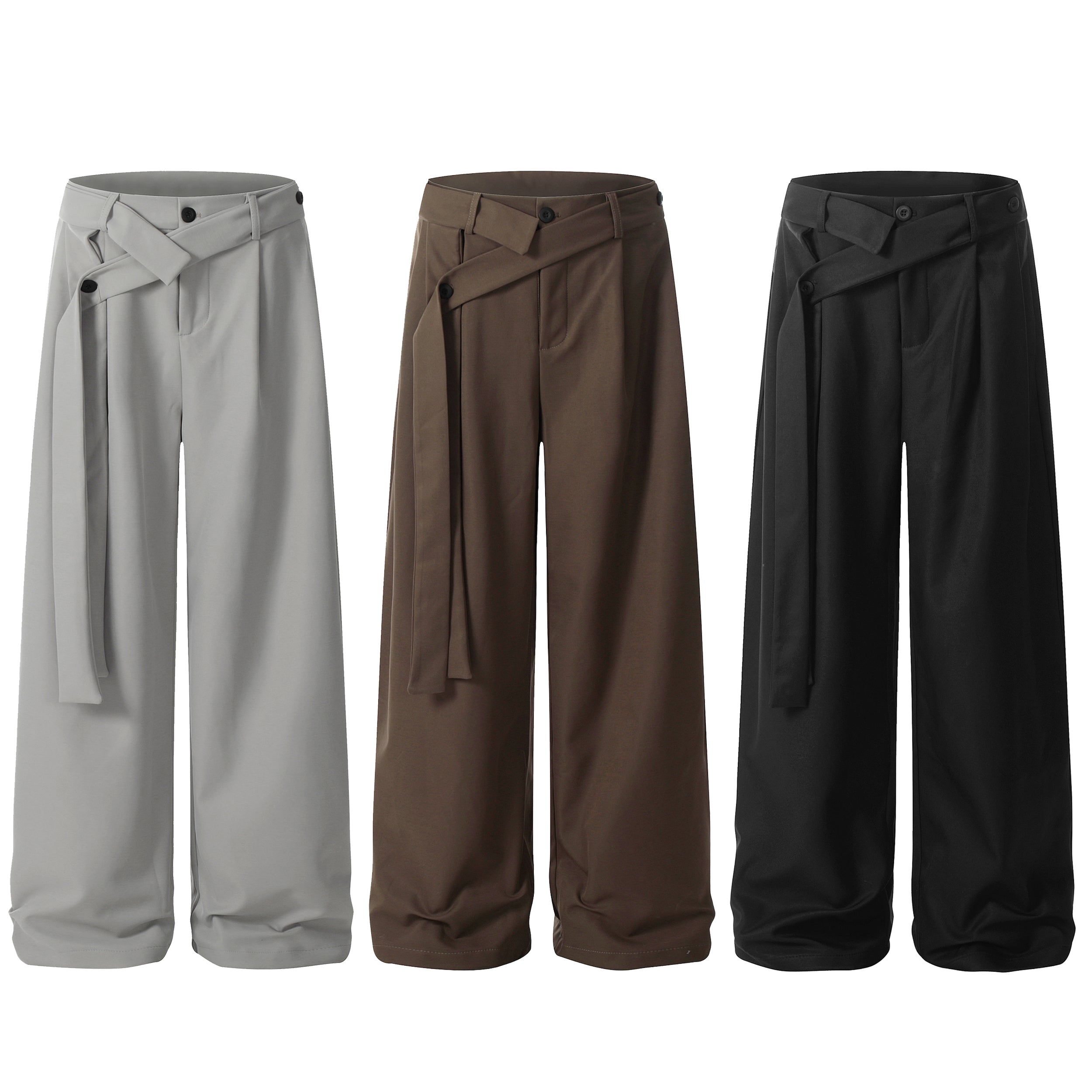 Light grey asymmetric wrap-belt wide-leg pants with button waist closure, front view on white background
